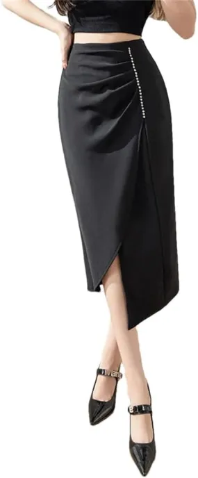 Women's Stretch High Waist Pencil Skirt Summer Fashion Asymmetric Beaded Office Slim Long Skirt