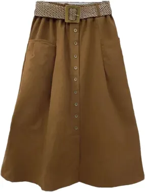 Women's Stretchy High Waist Button A-Line Skirt Fluttering Casual Summer Bohemian Holiday Beach Midi Skirt
