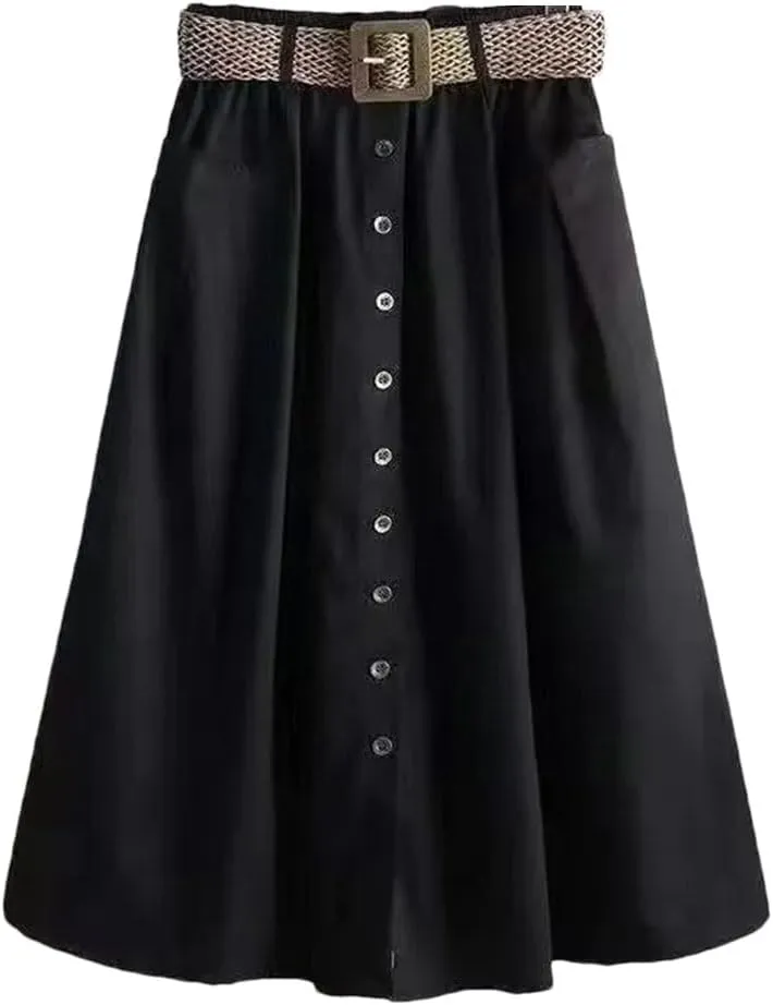 Women's Stretchy High Waist Button A-Line Skirt Fluttering Casual Summer Bohemian Holiday Beach Midi Skirt