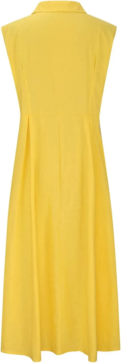 Women's Summer Boho Button Cotton Linen Midi Dresses Casual Collared V Neck Sleeveless Elegant Long Sundress