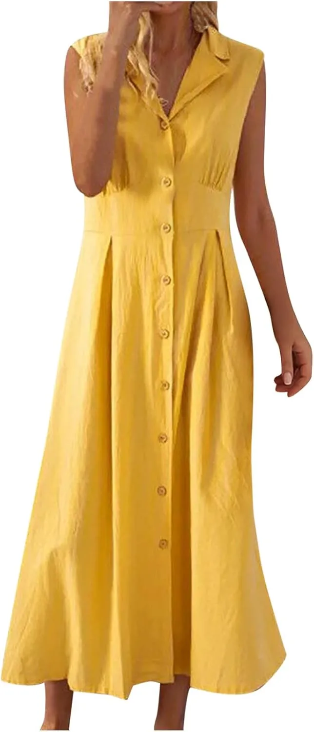 Women's Summer Boho Button Cotton Linen Midi Dresses Casual Collared V Neck Sleeveless Elegant Long Sundress