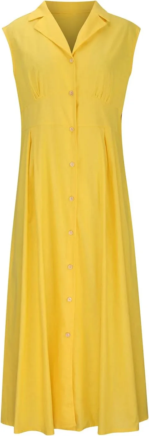 Women's Summer Boho Button Cotton Linen Midi Dresses Casual Collared V Neck Sleeveless Elegant Long Sundress