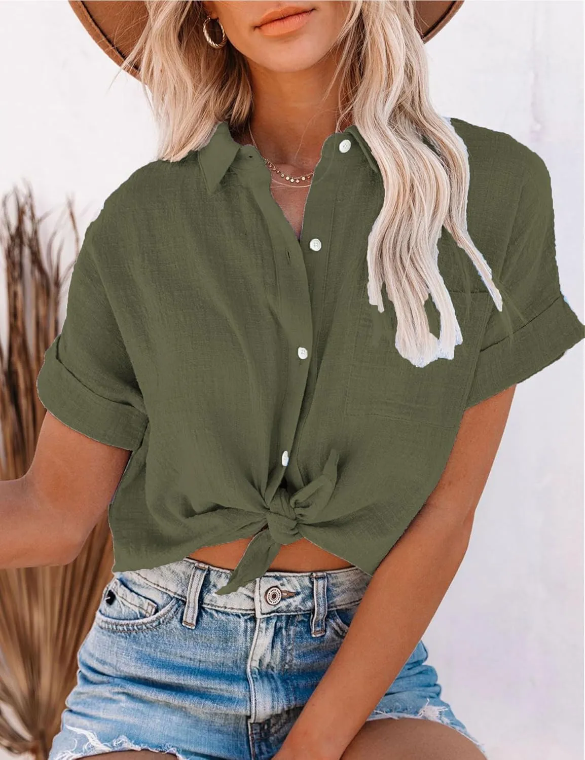 Womens Summer Cotton Linen Short Sleeve Button Down Shirt Collared V-Neck Loose Fit Blouse Beach Office Tops