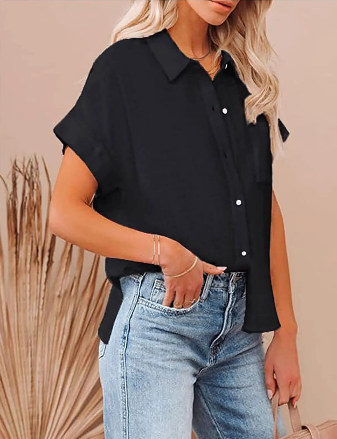 Womens Summer Cotton Linen Short Sleeve Button Down Shirt Collared V-Neck Loose Fit Blouse Beach Office Tops