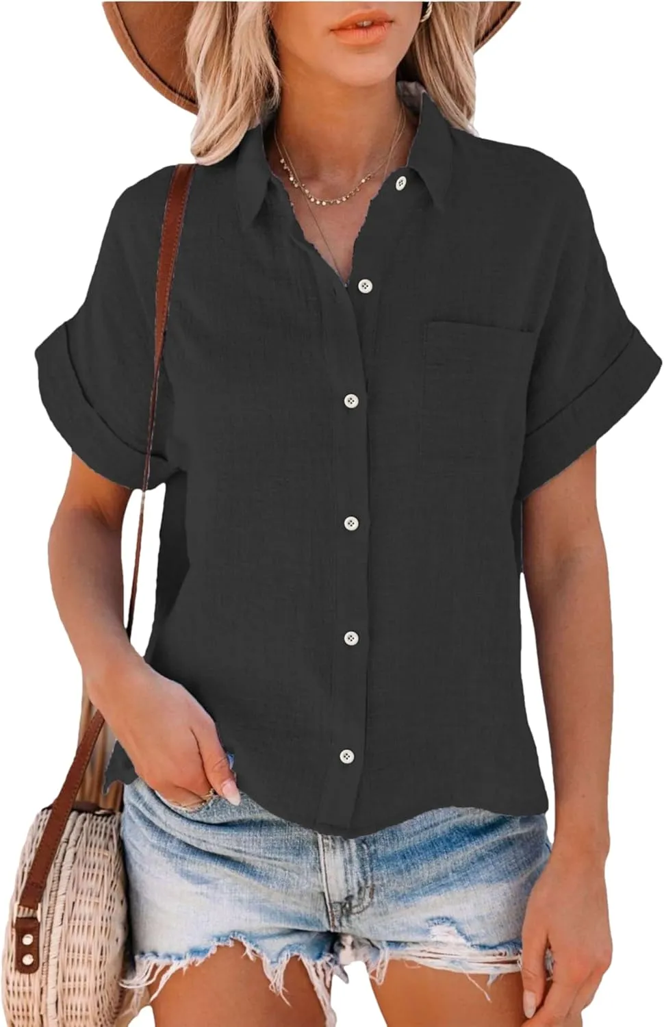 Womens Summer Cotton Linen Short Sleeve Button Down Shirt Collared V-Neck Loose Fit Blouse Beach Office Tops