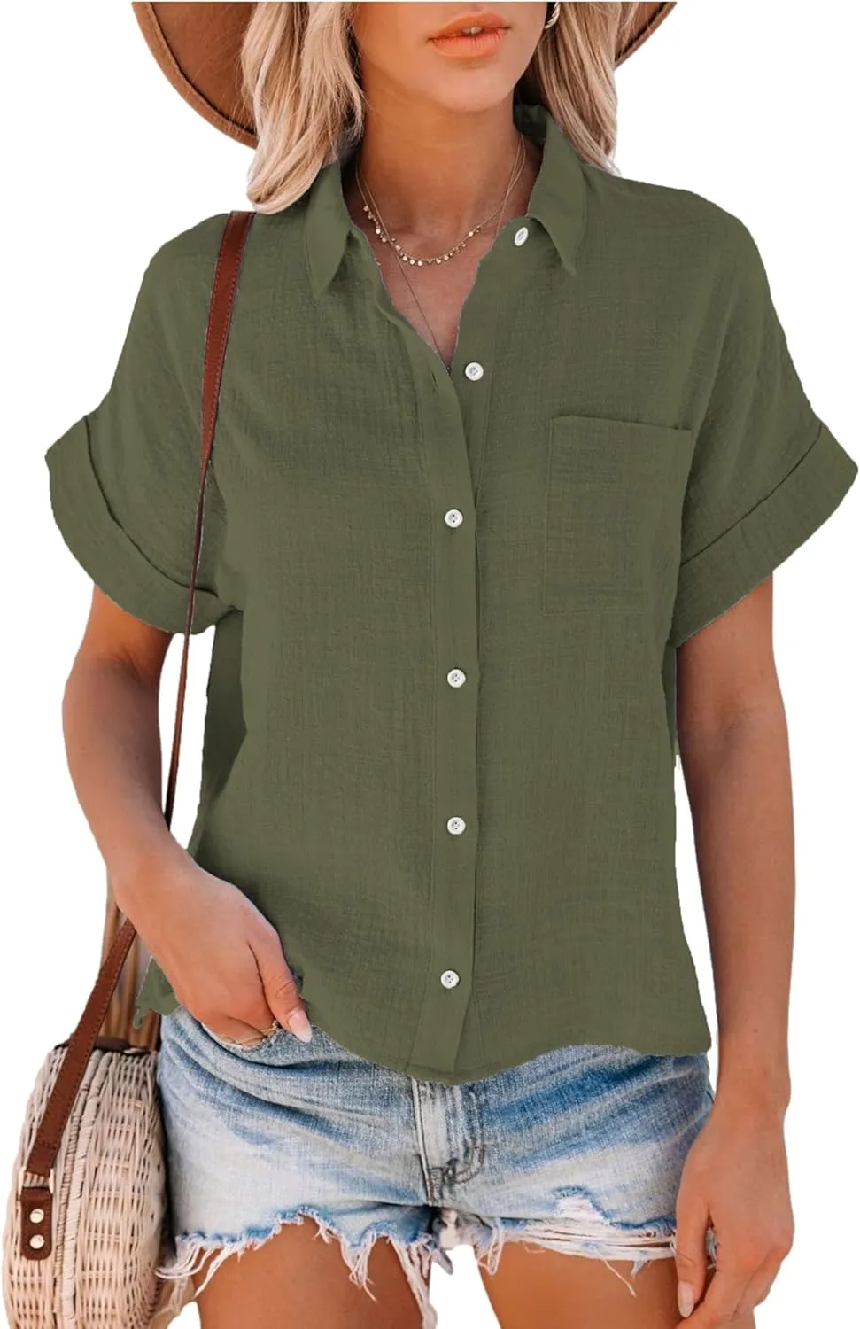 Womens Summer Cotton Linen Short Sleeve Button Down Shirt Collared V-Neck Loose Fit Blouse Beach Office Tops