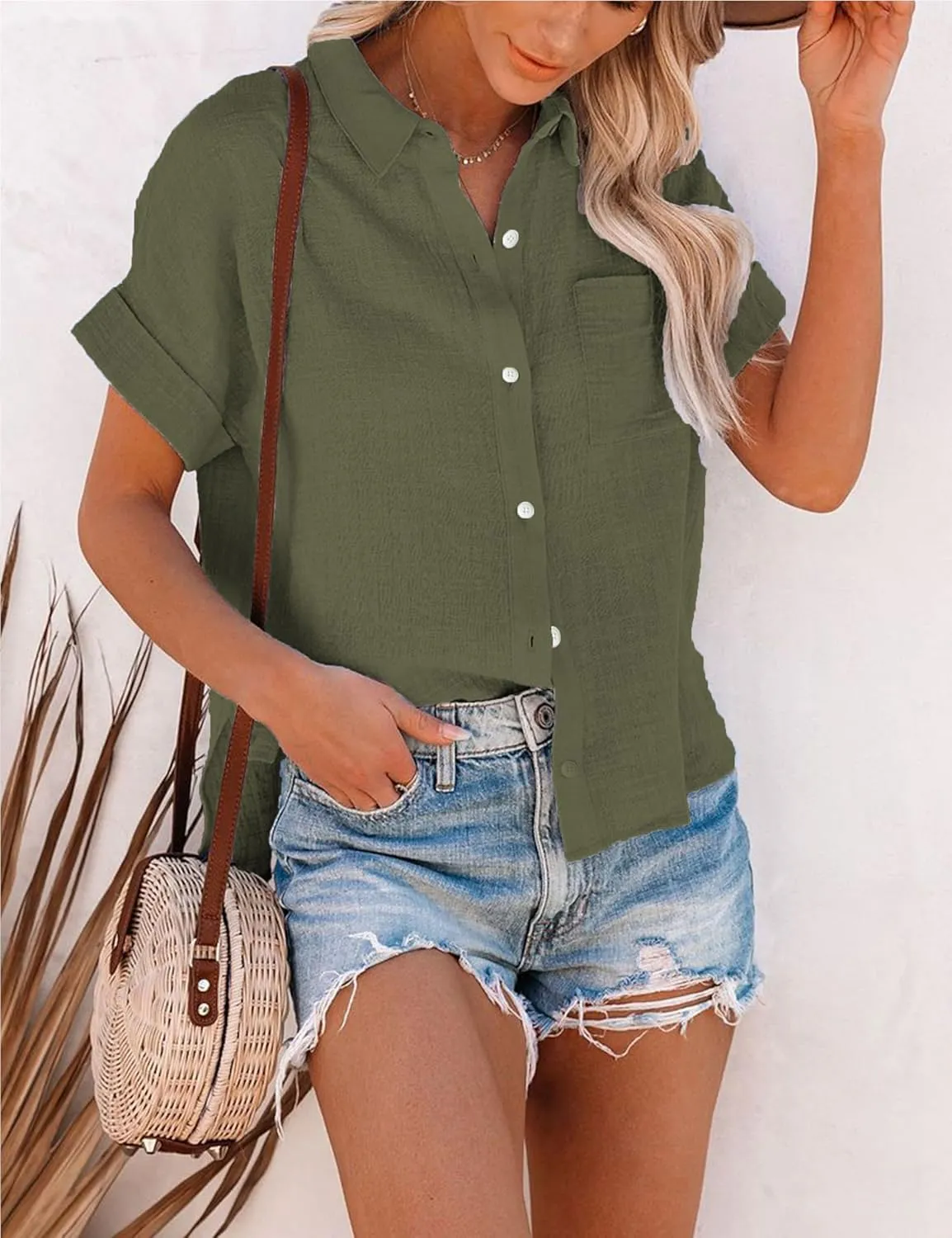 Womens Summer Cotton Linen Short Sleeve Button Down Shirt Collared V-Neck Loose Fit Blouse Beach Office Tops