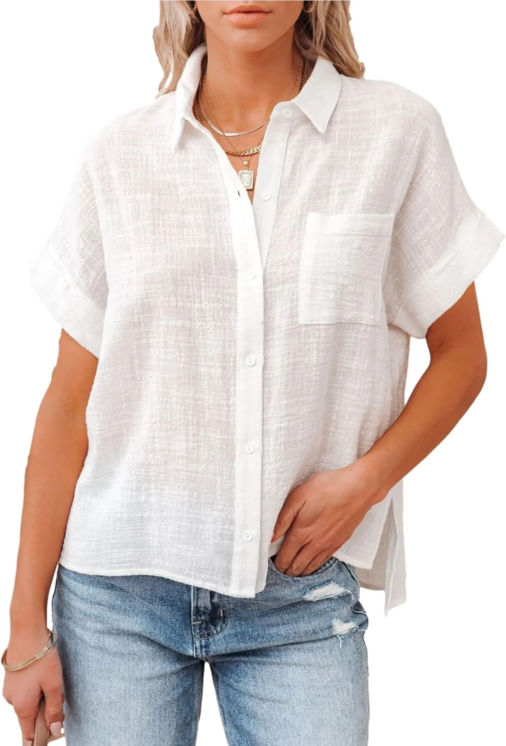 Womens Summer Cotton Linen Short Sleeve Button Down Shirt Collared V-Neck Loose Fit Blouse Beach Office Tops