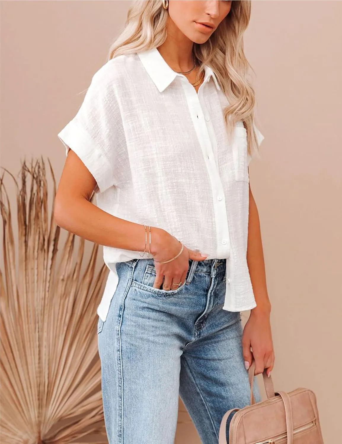 Womens Summer Cotton Linen Short Sleeve Button Down Shirt Collared V-Neck Loose Fit Blouse Beach Office Tops