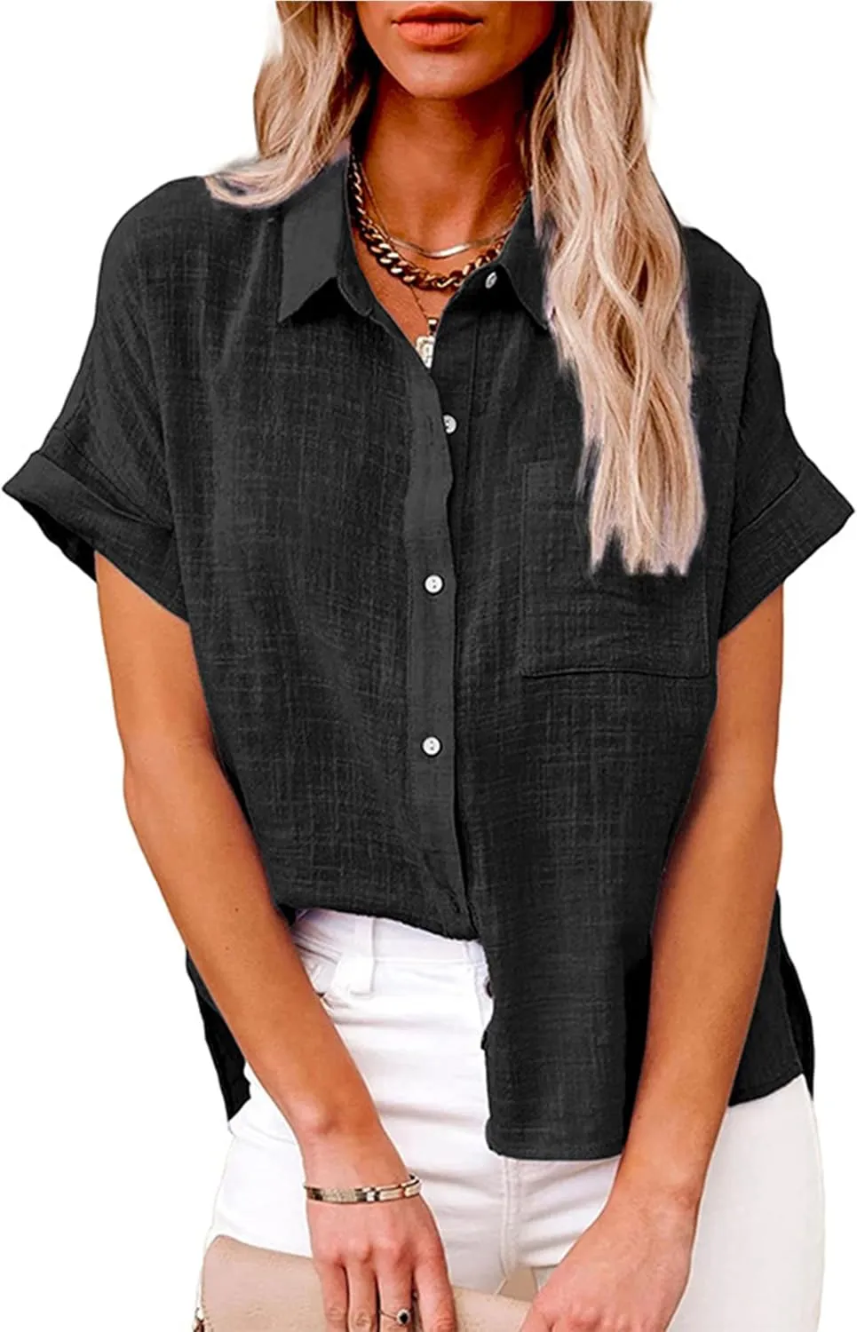 Womens Summer Cotton Linen Short Sleeve Button Down Shirt Collared V-Neck Loose Fit Blouse Beach Office Tops