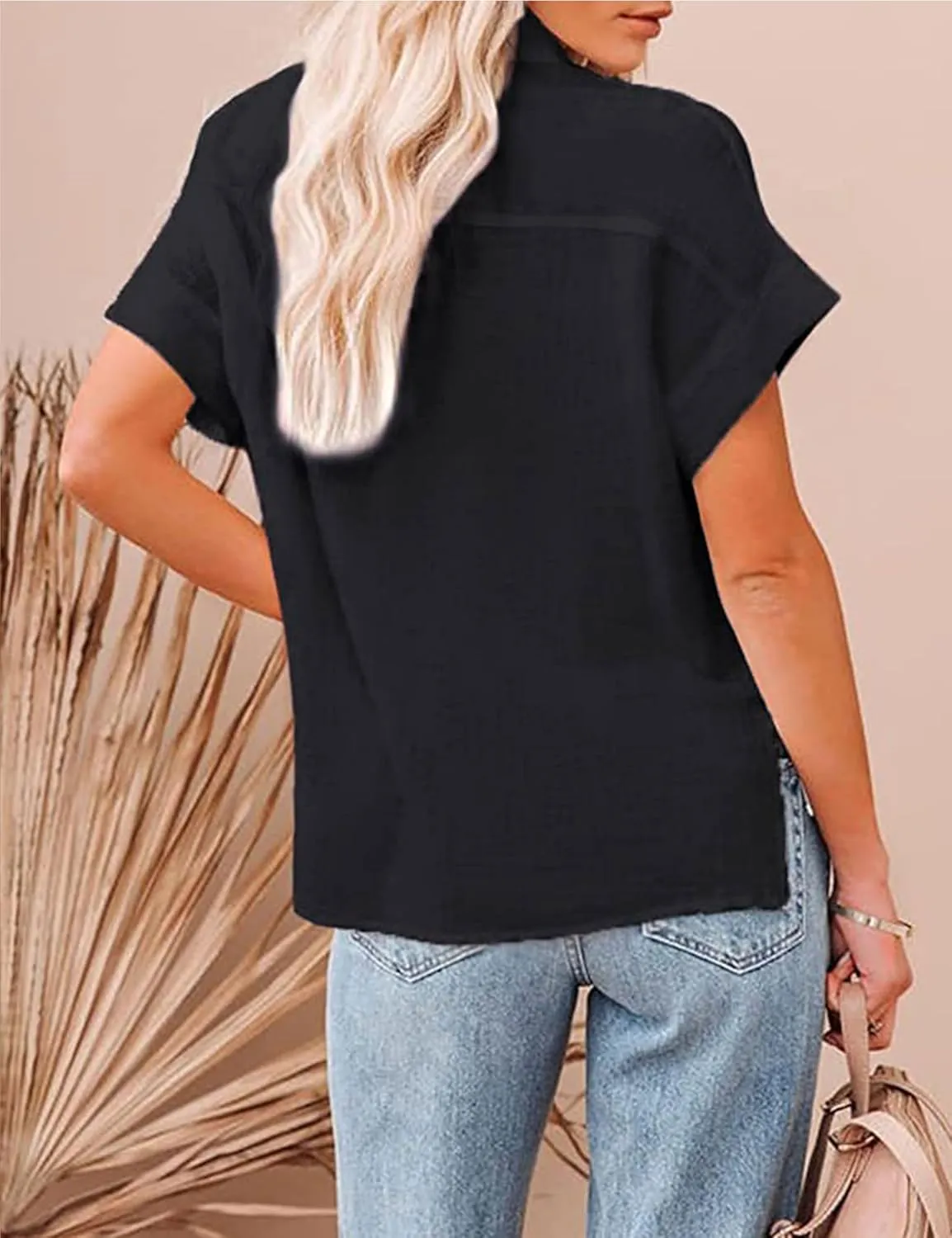Womens Summer Cotton Linen Short Sleeve Button Down Shirt Collared V-Neck Loose Fit Blouse Beach Office Tops