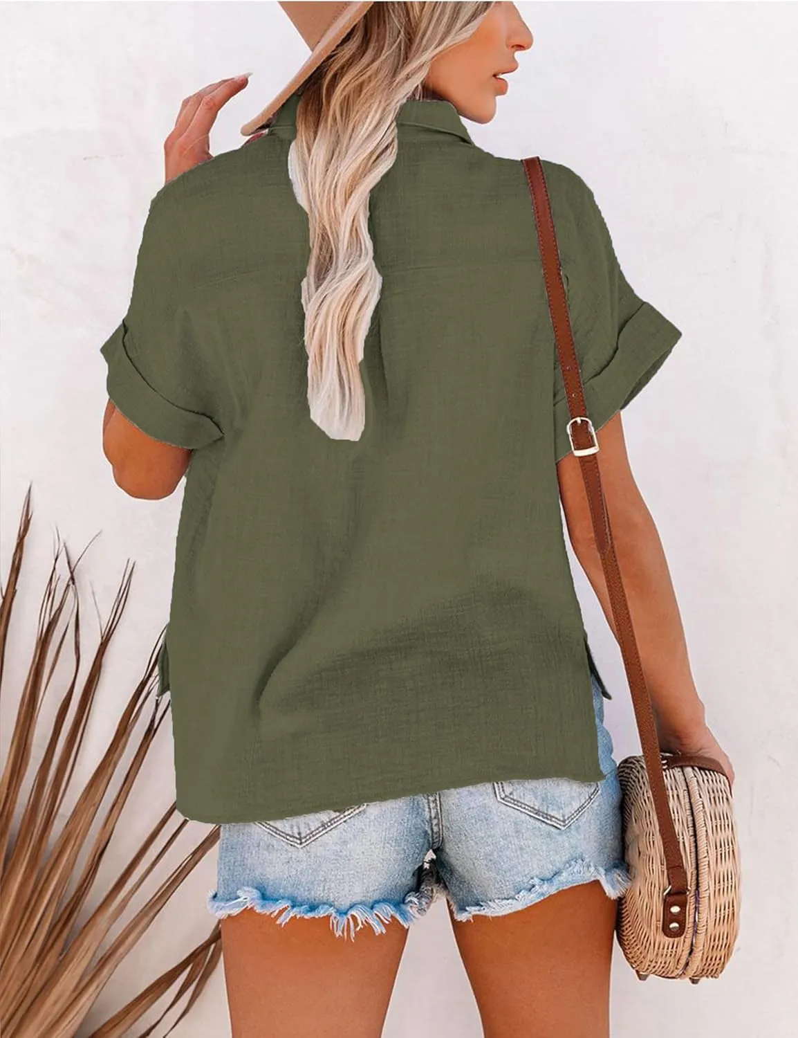 Womens Summer Cotton Linen Short Sleeve Button Down Shirt Collared V-Neck Loose Fit Blouse Beach Office Tops