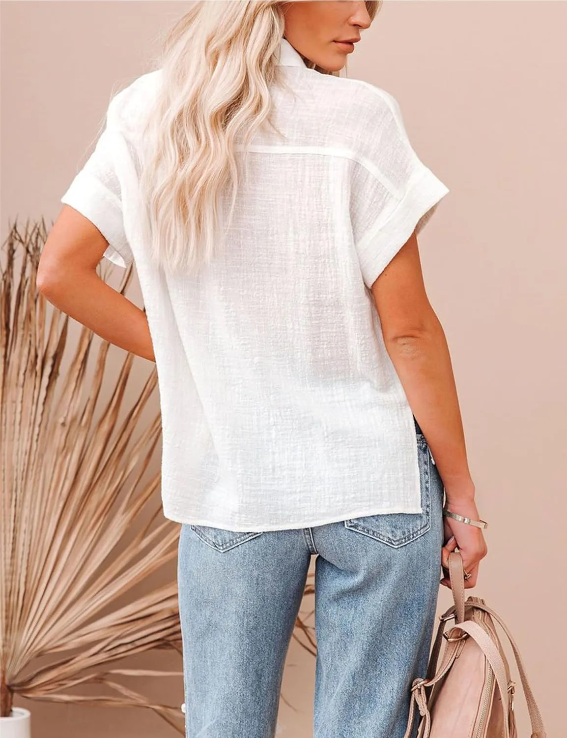 Womens Summer Cotton Linen Short Sleeve Button Down Shirt Collared V-Neck Loose Fit Blouse Beach Office Tops