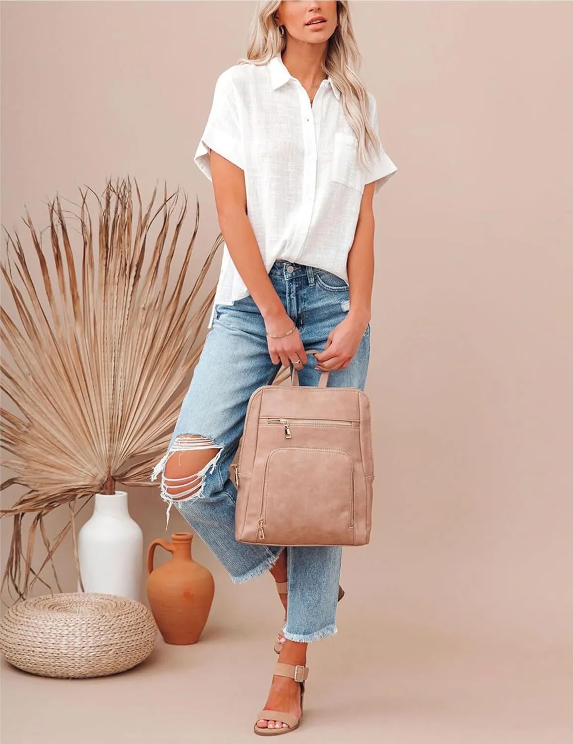 Womens Summer Cotton Linen Short Sleeve Button Down Shirt Collared V-Neck Loose Fit Blouse Beach Office Tops