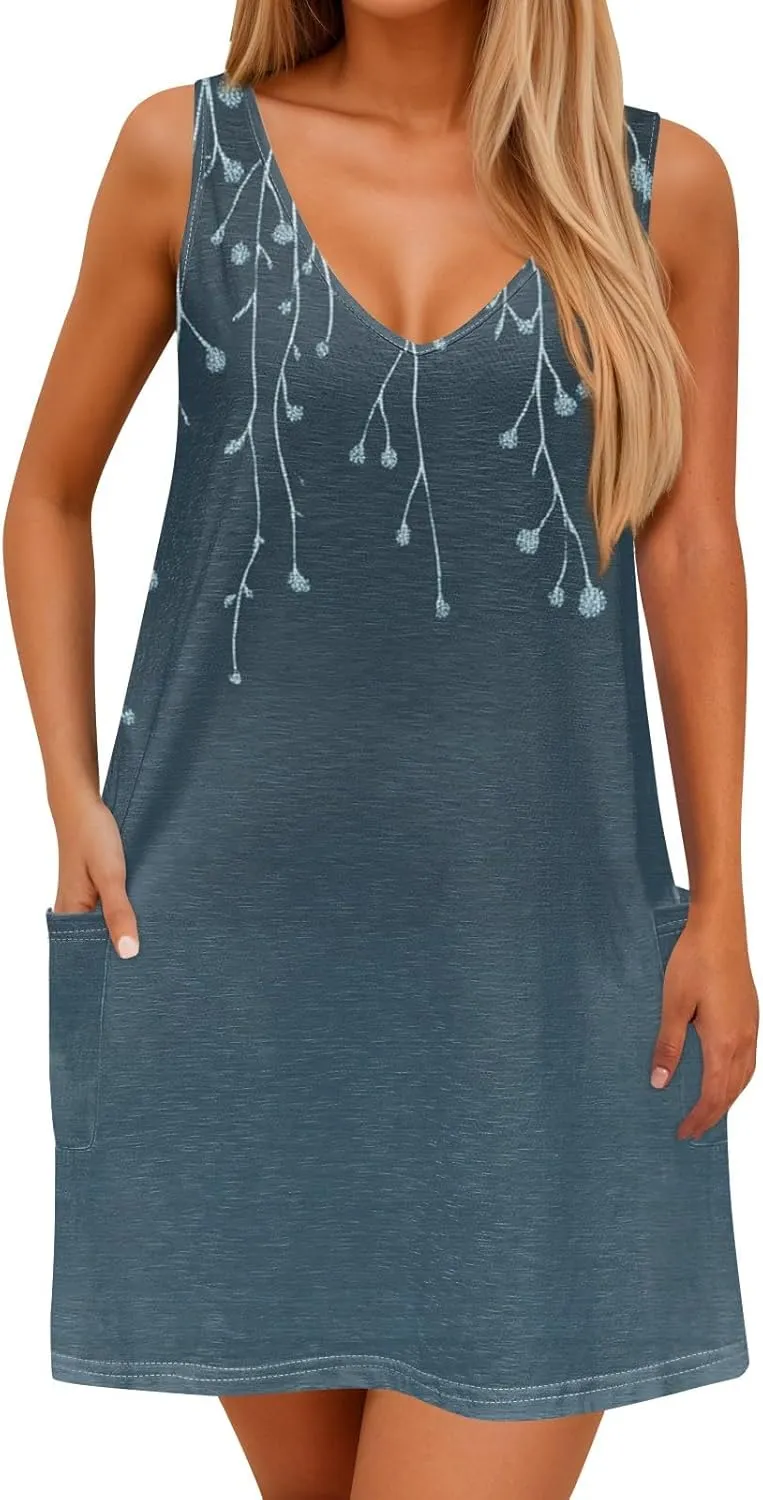 Womens Summer Dresses Casual Vacation Swimsuit Coverup Sleeveless Printed Sundress Beach V Neck Dress with Pocket