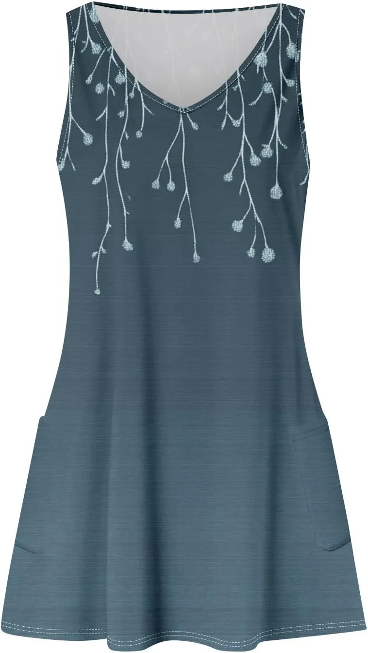 Womens Summer Dresses Casual Vacation Swimsuit Coverup Sleeveless Printed Sundress Beach V Neck Dress with Pocket