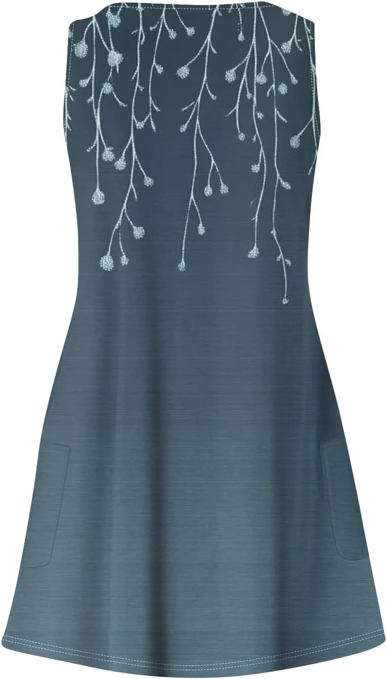 Womens Summer Dresses Casual Vacation Swimsuit Coverup Sleeveless Printed Sundress Beach V Neck Dress with Pocket