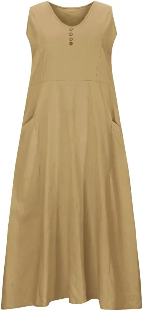 Womens Summer Linen Dress 2025 Beach Vacation Sleeveless Button Crewneck Flowy Sundress Pockets Loose Midi Long Dress