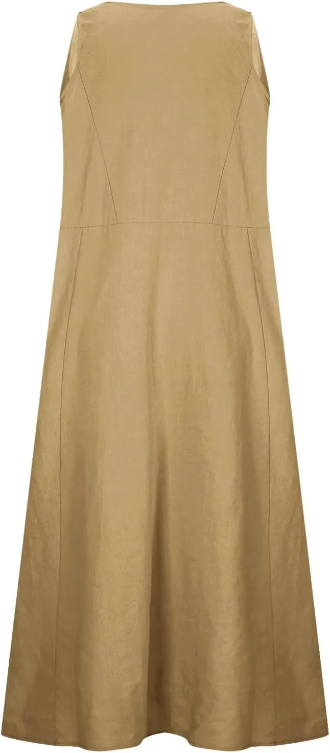 Womens Summer Linen Dress 2025 Beach Vacation Sleeveless Button Crewneck Flowy Sundress Pockets Loose Midi Long Dress