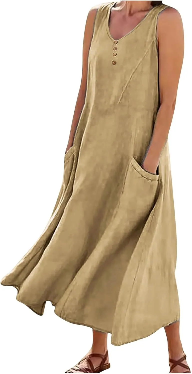 Womens Summer Linen Dress 2025 Beach Vacation Sleeveless Button Crewneck Flowy Sundress Pockets Loose Midi Long Dress
