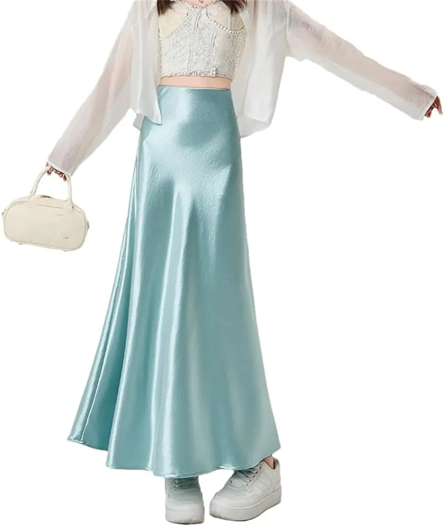 Women's Summer Satin Fishtail Pencil Skirt Stretch High Waist Work Office Knee-Length Midi Skirt