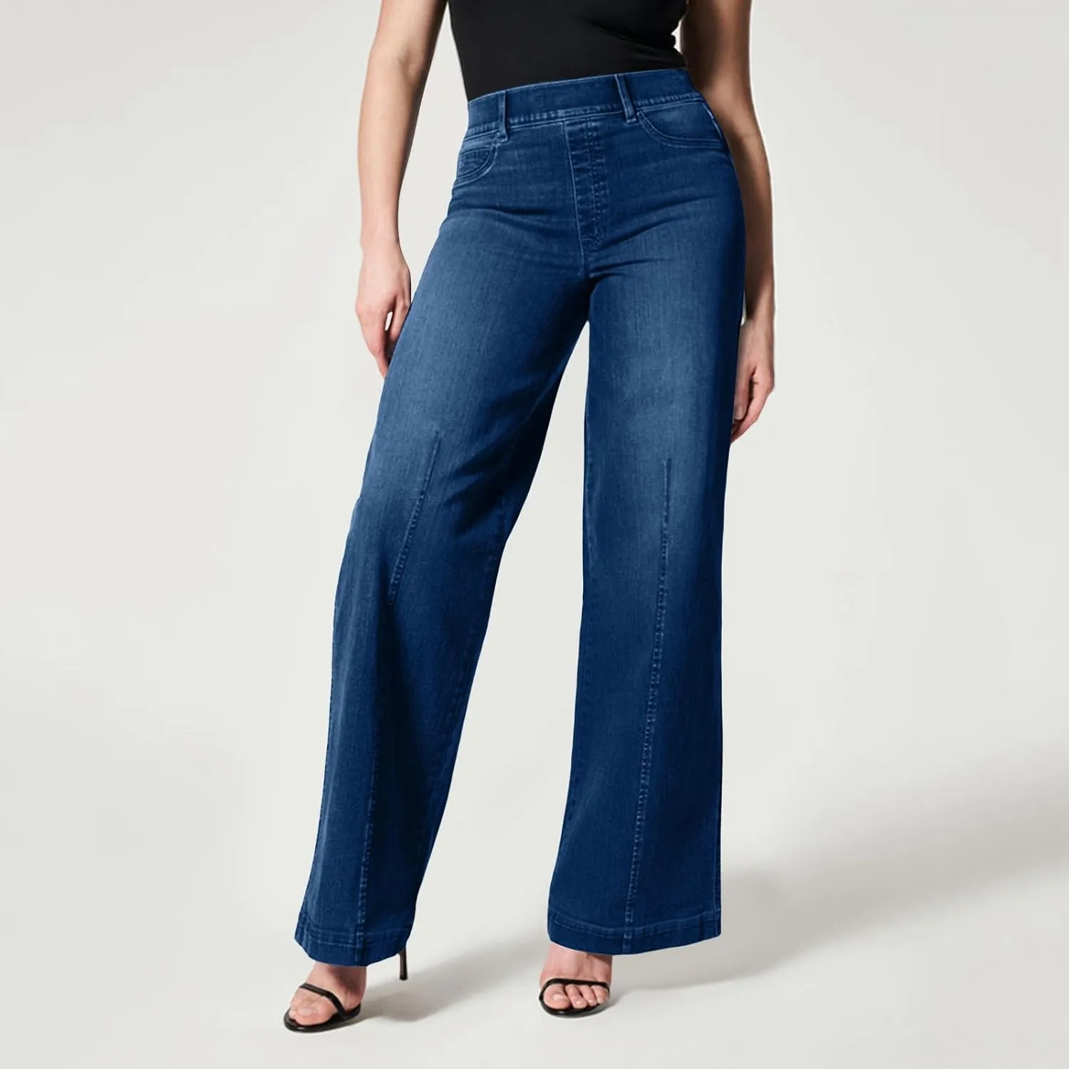 Women's Trendy Jeans Pants Trendy Casual Straight Leg Stretch Denim Pants with Pockets Elastic Waist Baggy Trousers