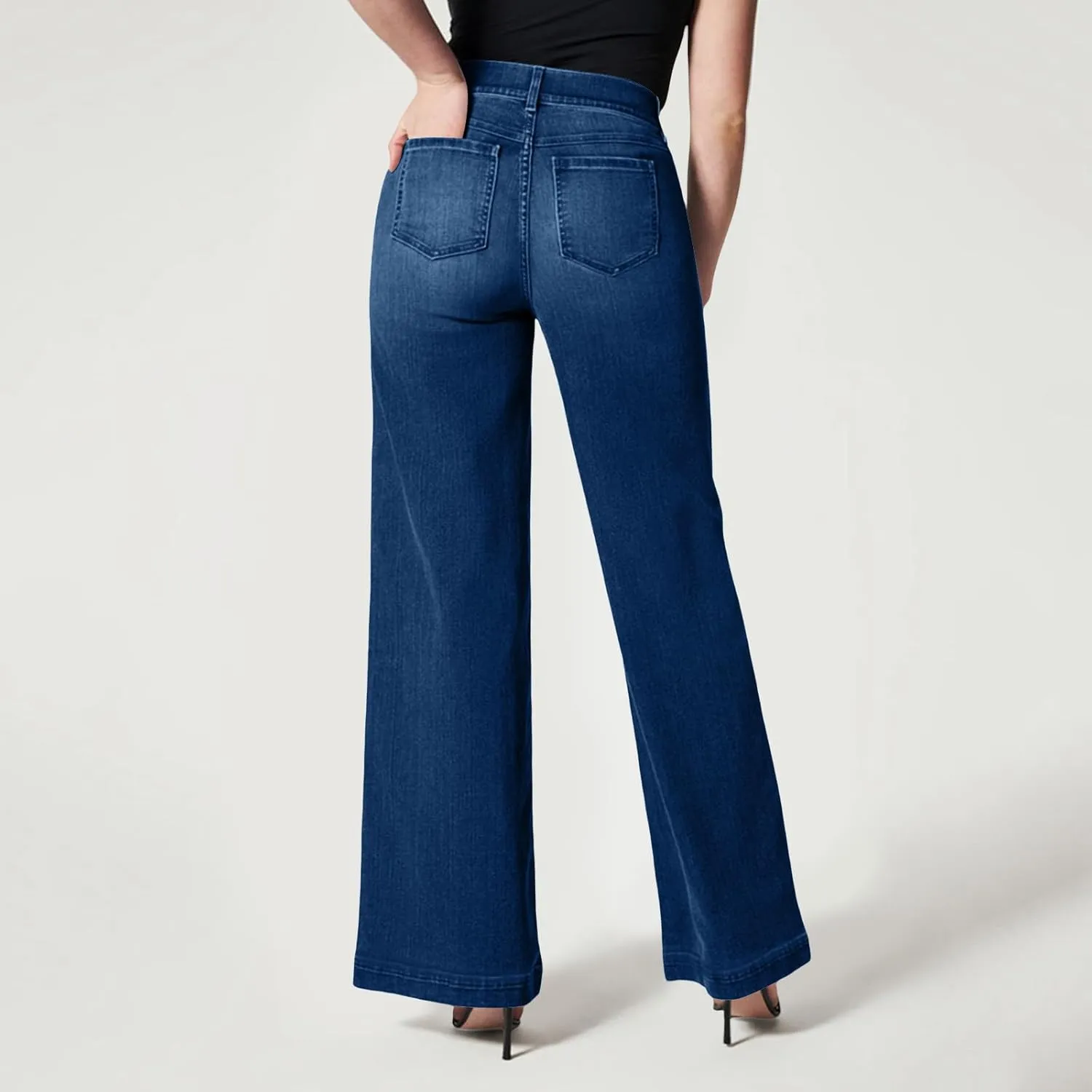 Women's Trendy Jeans Pants Trendy Casual Straight Leg Stretch Denim Pants with Pockets Elastic Waist Baggy Trousers