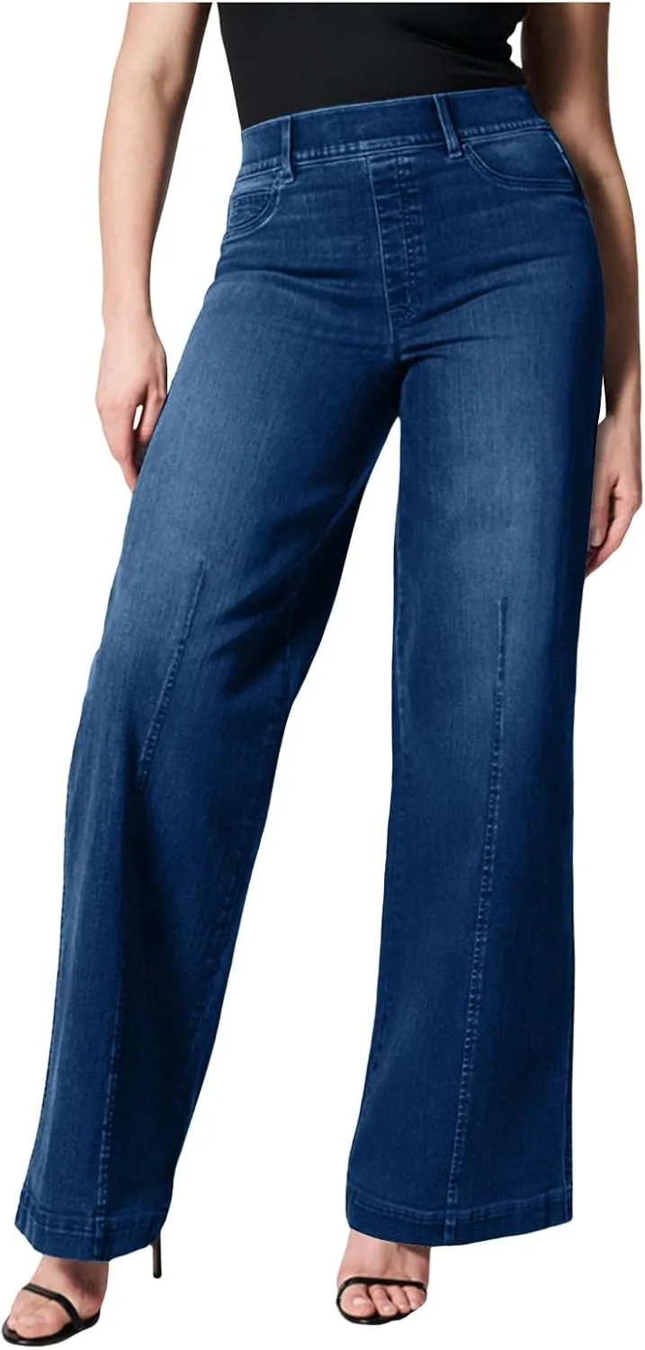 Women's Trendy Jeans Pants Trendy Casual Straight Leg Stretch Denim Pants with Pockets Elastic Waist Baggy Trousers