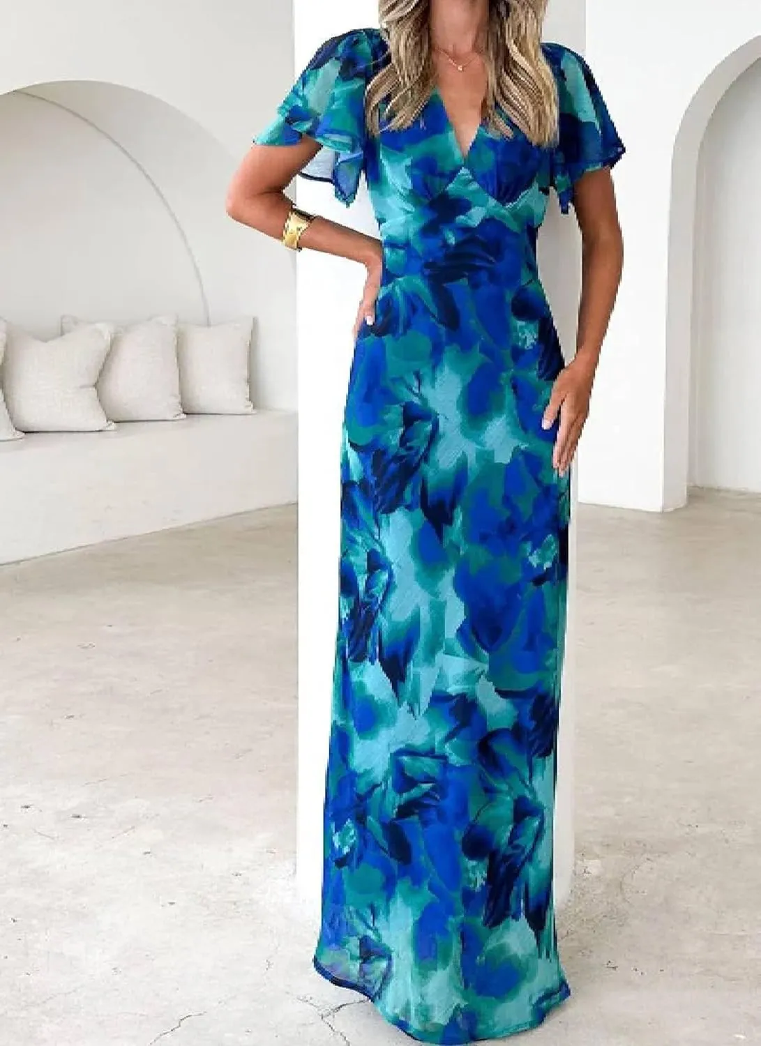 Women's V-Neck Loose Short Sleeves Chiffon Maxi Dress Breathable Slim Fit Print Flowy Blue Long Dresses Summer
