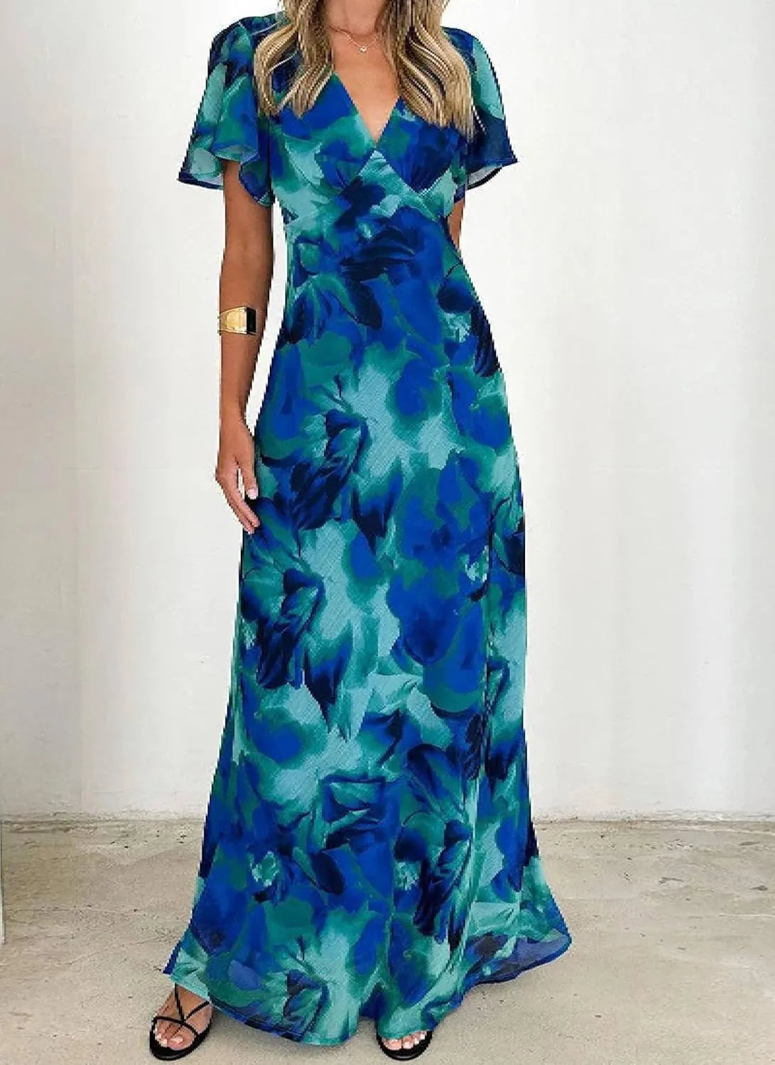 Women's V-Neck Loose Short Sleeves Chiffon Maxi Dress Breathable Slim Fit Print Flowy Blue Long Dresses Summer