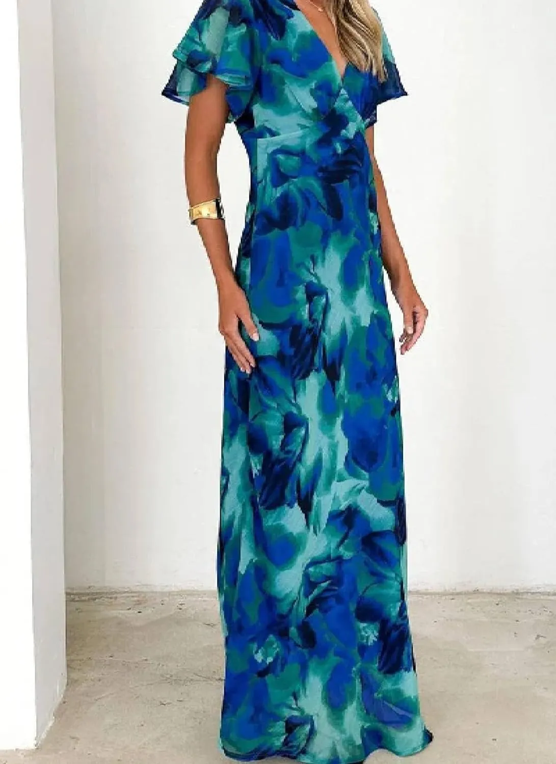 Women's V-Neck Loose Short Sleeves Chiffon Maxi Dress Breathable Slim Fit Print Flowy Blue Long Dresses Summer