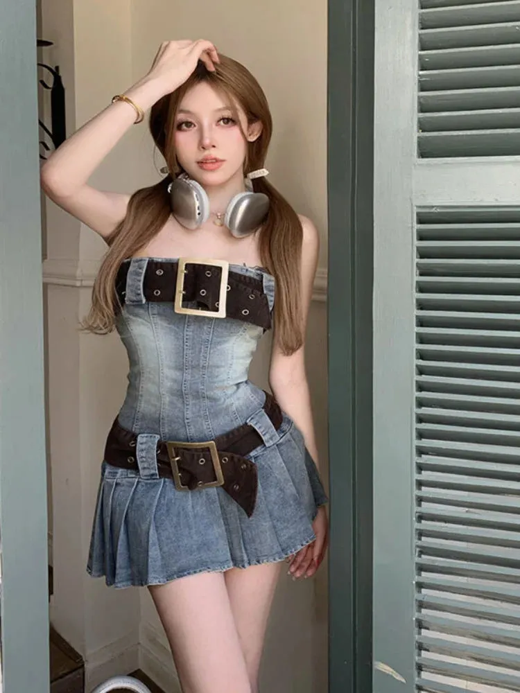 Y2k Denim Sexy Dress Summer Korean Fashion Vintage Strapless Pleated Off Shoulder Mini Short Dresses Sundress Women