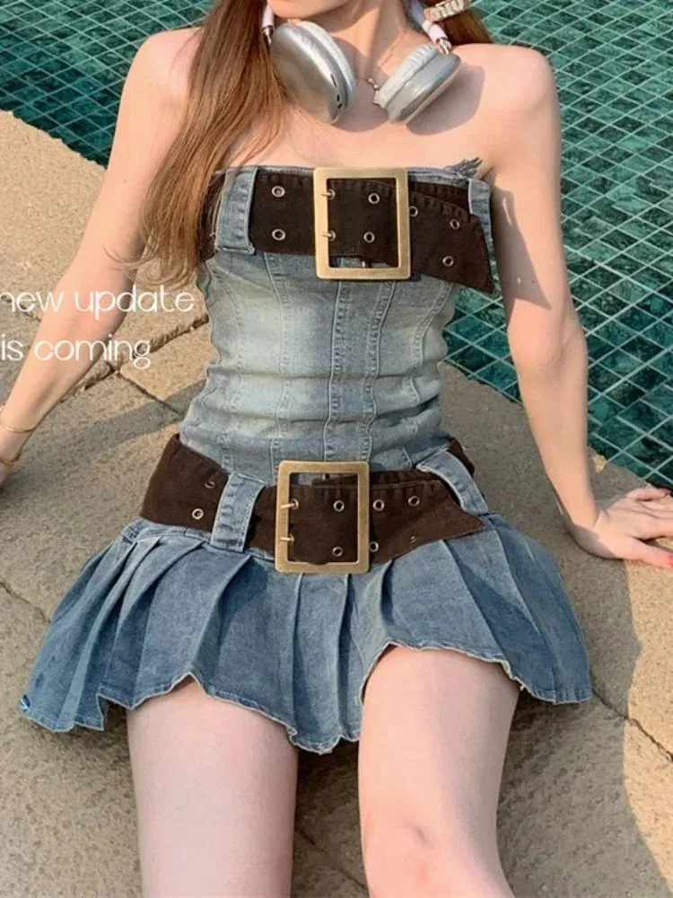 Y2k Denim Sexy Dress Summer Korean Fashion Vintage Strapless Pleated Off Shoulder Mini Short Dresses Sundress Women