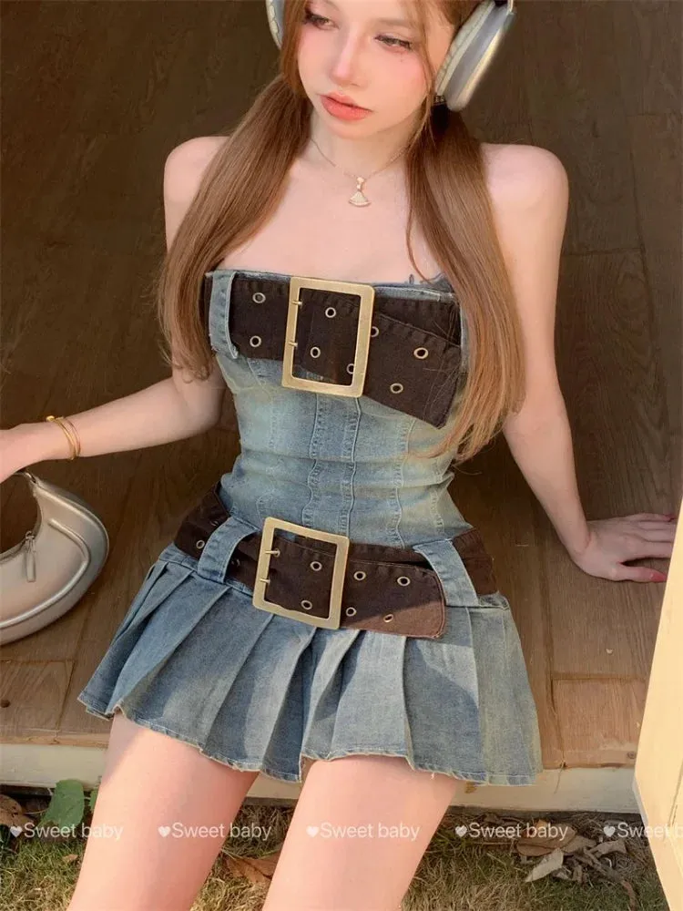 Y2k Denim Sexy Dress Summer Korean Fashion Vintage Strapless Pleated Off Shoulder Mini Short Dresses Sundress Women
