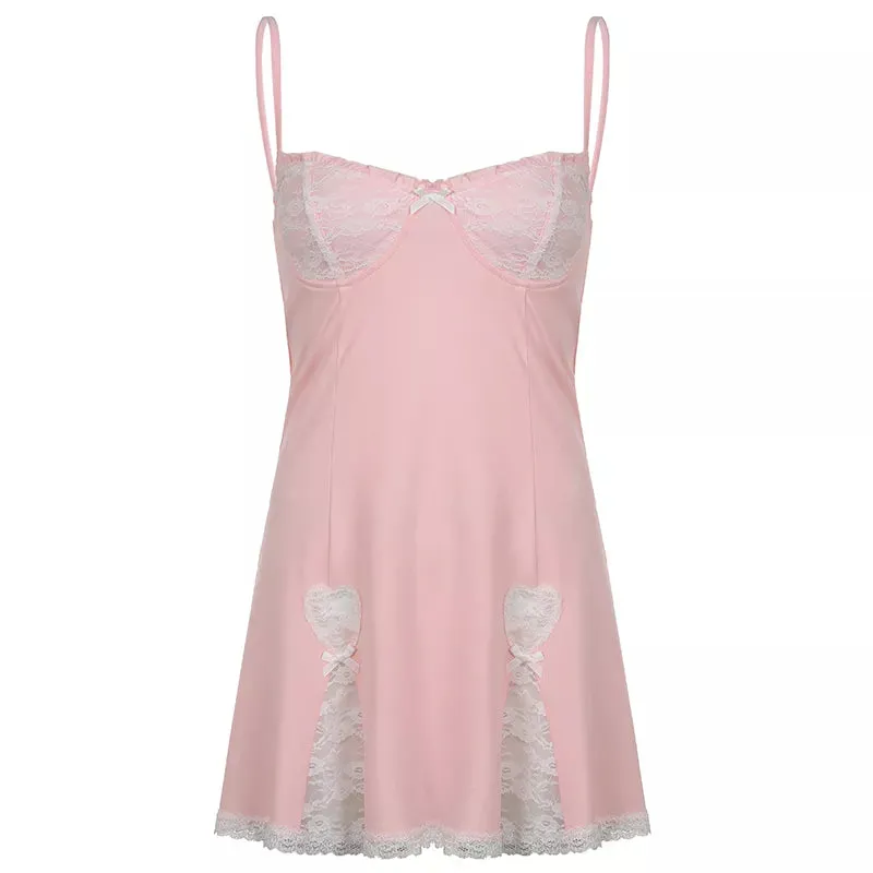 Y2K Sweet Cute Frill Spaghetti Strap Pink Summer Dress Fashion Lolita Lace Patchwork Bow Women's Dress Sexy Sundress