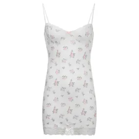 Y2K Sweet Lace Trim White Bodycon Summer Dresses for Women Korean Fashion Strap Floral Sundress Bow Skinny Clothing
