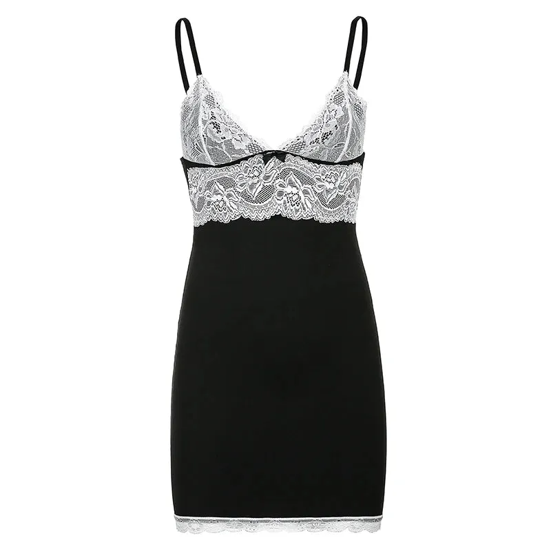 Y2K V Neck Lace Patchwork Strap Bodycon Sexy Dress Backless Sundress Fashion Elegant Bow Aesthetic Party Dress Female