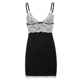 Y2K V Neck Lace Patchwork Strap Bodycon Sexy Dress Backless Sundress Fashion Elegant Bow Aesthetic Party Dress Female