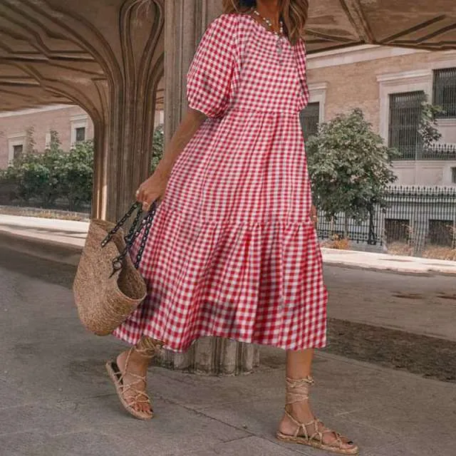 Yeknu Summer O Neck Sundress Women Bohemian Dress Short Puff Sleeve Dresses Elegant Heart Printed Long Vestido Robe Sarafans