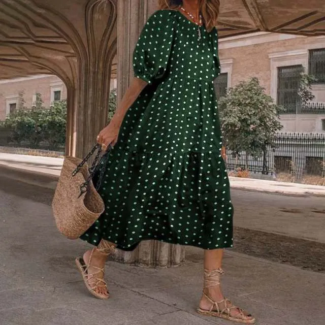 Yeknu Summer O Neck Sundress Women Bohemian Dress Short Puff Sleeve Dresses Elegant Heart Printed Long Vestido Robe Sarafans