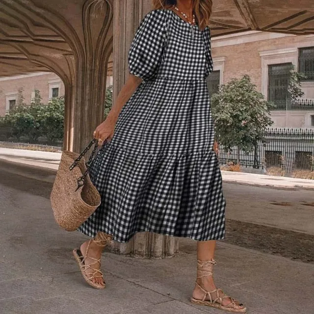 Yeknu Summer O Neck Sundress Women Bohemian Dress Short Puff Sleeve Dresses Elegant Heart Printed Long Vestido Robe Sarafans