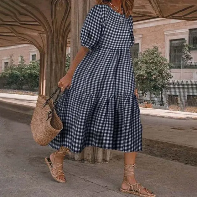 Yeknu Summer O Neck Sundress Women Bohemian Dress Short Puff Sleeve Dresses Elegant Heart Printed Long Vestido Robe Sarafans