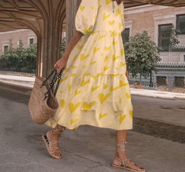 Yeknu Summer O Neck Sundress Women Bohemian Dress Short Puff Sleeve Dresses Elegant Heart Printed Long Vestido Robe Sarafans