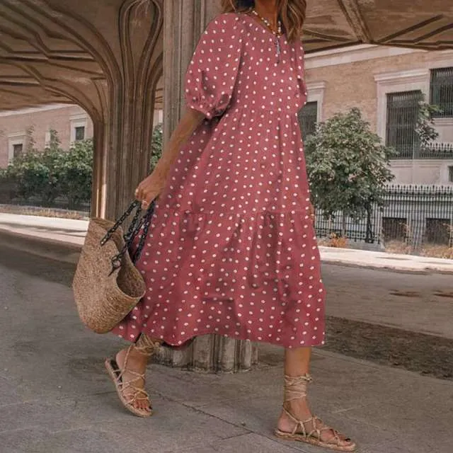 Yeknu Summer O Neck Sundress Women Bohemian Dress Short Puff Sleeve Dresses Elegant Heart Printed Long Vestido Robe Sarafans