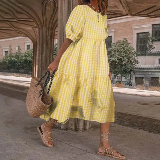 Yeknu Summer O Neck Sundress Women Bohemian Dress Short Puff Sleeve Dresses Elegant Heart Printed Long Vestido Robe Sarafans